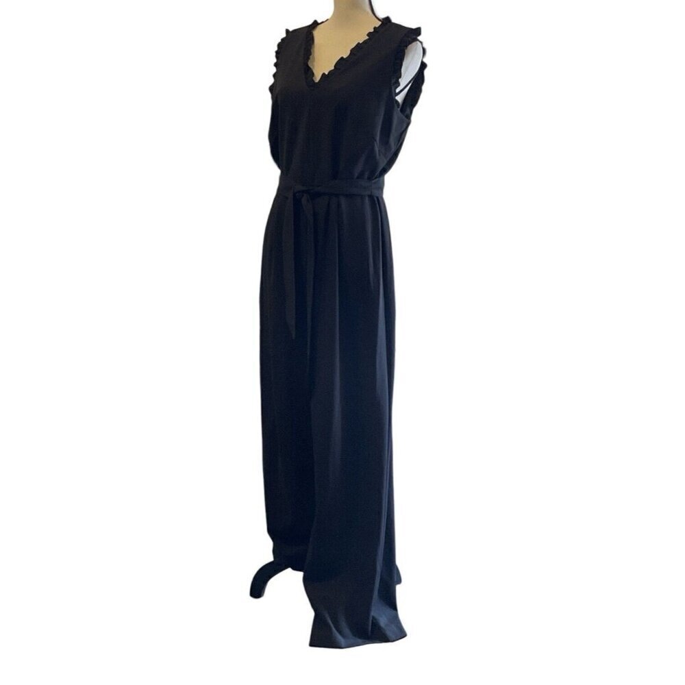 Emma & Michele Womens V Neck Ruffle Jumpsuit Size 10 Black Zipper Tie